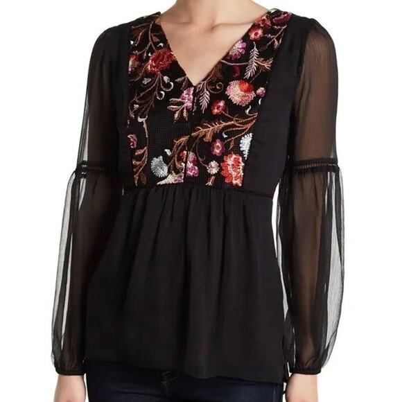 WHBM Peplum Top Blouse Long Sleeve Chiffon Embroidered Bishop Empire Size 10 - Picture 3 of 11